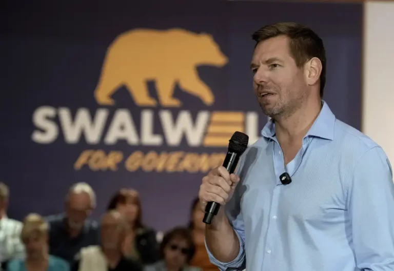 (Then-California gubernatorial candidate, Rep. Eric Swalwell, D-CA appears at a town hall meeting in Sacramento, Calif., Tuesday, April 7, 2026. (AP Photo/Rich Pedroncelli)