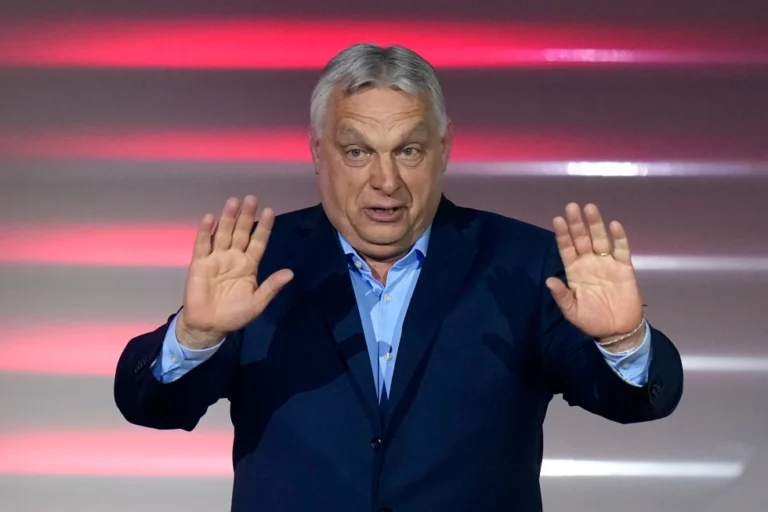 (Hungary’s Prime Minister Viktor Orban addresses supporters after receiving the results of a parliamentary election in Budapest, Hungary, Sunday, April 12, 2026. (AP Photo/Petr David Josek)