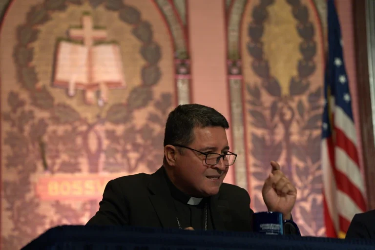 (Auxiliary Bishop Evelio Menjivar-Ayala speaks on a panel about immigration at Georgetown University in Washington, Thursday, Sept. 11, 2025. (AP Photo/Luis Andres Henao)