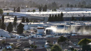 (A pressurized tank filled with methyl methacrylate is sprayed with water at GKN Aerospace in Garden Grove, CA, on Saturday, May 23, 2026. (Photo by Jeff Gritchen, Orange County Register)