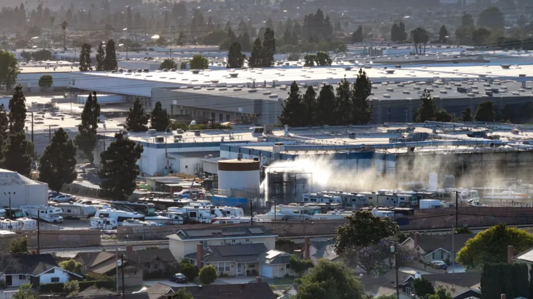 (A pressurized tank filled with methyl methacrylate is sprayed with water at GKN Aerospace in Garden Grove, CA, on Saturday, May 23, 2026. (Photo by Jeff Gritchen, Orange County Register)