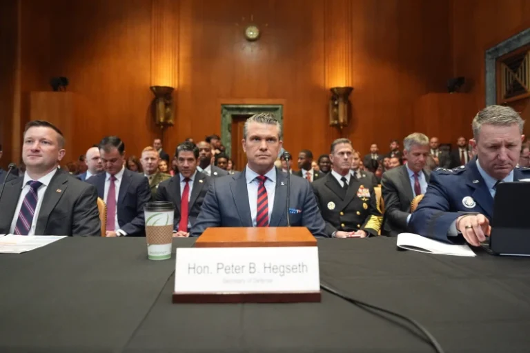 (Acting Under Secretary of Defense and Comptroller Jules Hurst III, Defense Secretary Pete Hegseth and Chairman of the Joint Chiefs of Staff Gen. Dan Caine arrive to testify at a Senate Appropriations subcommittee on defense hearing on the budget request for the Department of Defense, Tuesday, May 12, 2026, in Washington.  AP Photo: Alex Brandon)