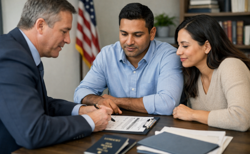 (A couple consults with an immigration attorney in Houston, Texas, as they prepare to apply for an employment-based green card. Image courtesy: Vega & Associates PLLC)