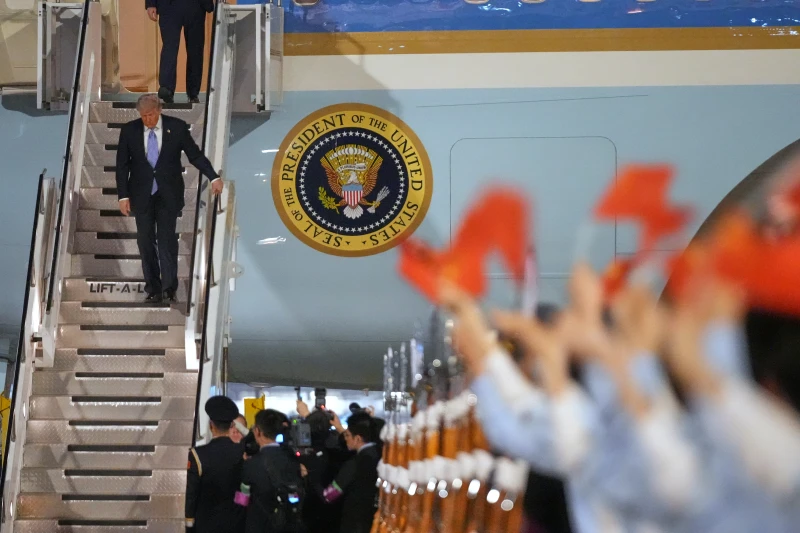 (President Donald Trump arrives on Air Force One, Wednesday, May 13, 2026, at Beijing Capital International Airport in Beijing. (AP Photo: Mark Schiefelbein)