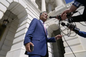 (Rep. Mark Takano, D-Calif., speaks with reporters after attending a Congressional Progressive Caucus news conference as the House meets to consider the Inflation Reduction Act, Aug. 12, 2022, on Capitol Hill in Washington.  AP Photo: Patrick Semansky, File)