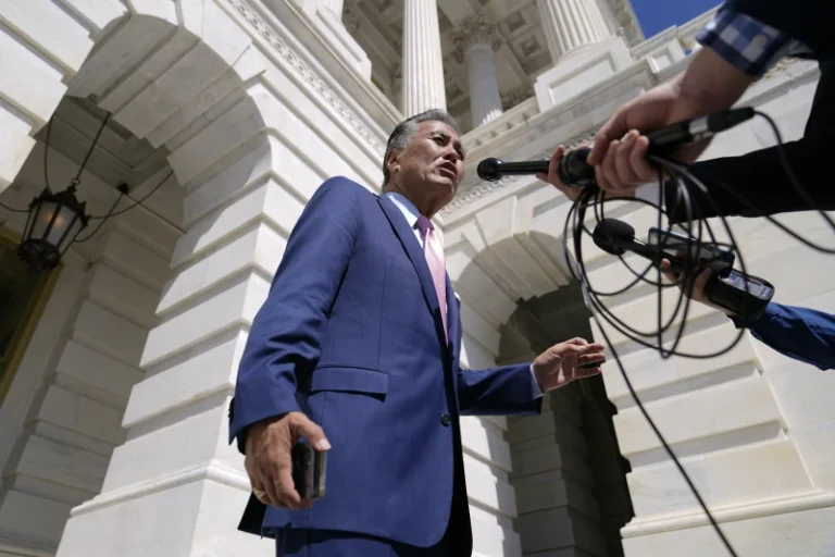 (Rep. Mark Takano, D-Calif., speaks with reporters after attending a Congressional Progressive Caucus news conference as the House meets to consider the Inflation Reduction Act, Aug. 12, 2022, on Capitol Hill in Washington.  AP Photo: Patrick Semansky, File)