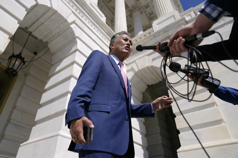 (Rep. Mark Takano, D-Calif., speaks with reporters after attending a Congressional Progressive Caucus news conference as the House meets to consider the Inflation Reduction Act, Aug. 12, 2022, on Capitol Hill in Washington.  AP Photo: Patrick Semansky, File)