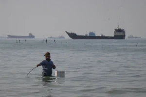 (A man stands in the water, appearing to fish, as bulk carriers, cargo ships, and service vessels line the horizon in the Strait of Hormuz off Bandar Abbas, Iran, Monday, April 27, 2026.(Razieh Poudat/ISNA via AP)