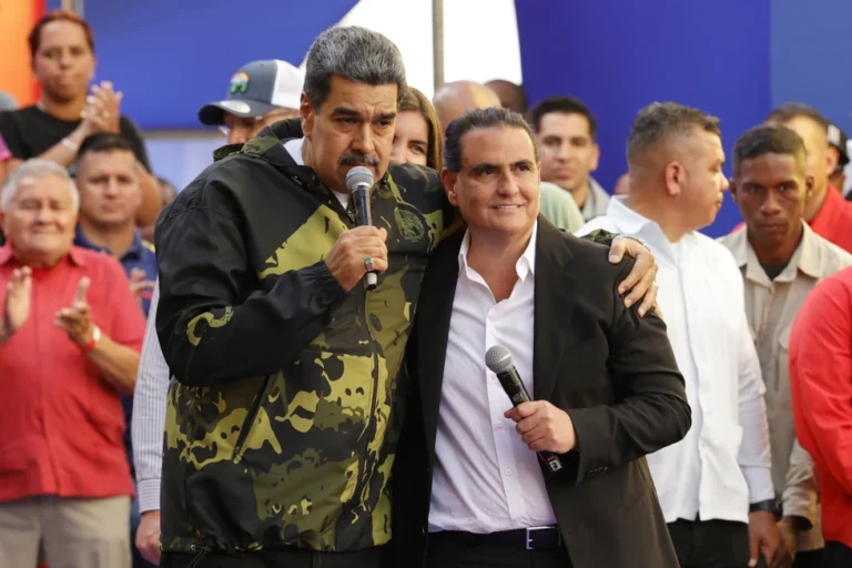 (Venezuela’s President Nicolas Maduro, left, and Alex Saab stand together during an event marking the anniversary of the 1958 coup that overthrew dictator Marcos Perez Jimenez, in Caracas, Venezuela, Jan. 23, 2024.  AP Photo: Jesus Vargas, File)