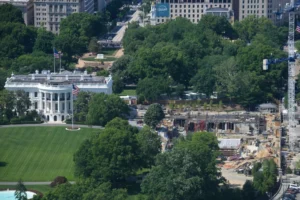 (Work continues on the construction of the ballroom at the White House, Saturday, May 16, 2026, in Washington, where the East Wing once stood. (AP Photo/Rod Lamkey, Jr.)