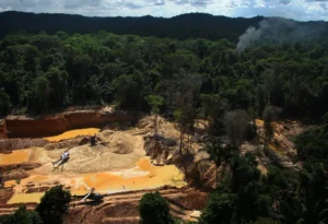 (Helicopters are visible at an illegal mining camp during an operation by Brazil’s environmental agency aimed at combating illegal mining in Yanomami Indigenous territory, Roraima state, Brazil, Feb. 11, 2023. (AP Photo/Edmar Barros, File)