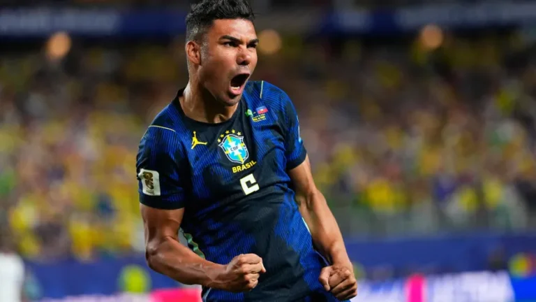 (Brazil’s Casemiro (5) celebrates his side’s second goal by Matheus Cunha (9) during the World Cup Group C soccer match between Brazil and Haiti in Philadelphia, Friday, June 19, 2026.  AP Photo: Petr David Josek)