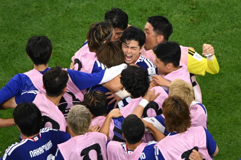 (Japan celebrates a goal during the World Cup Group F soccer match between the Netherlands and Japan in Arlington, Texas, near Dallas, Sunday, June 14, 2026.  AP Photo: Jessica Tobias)