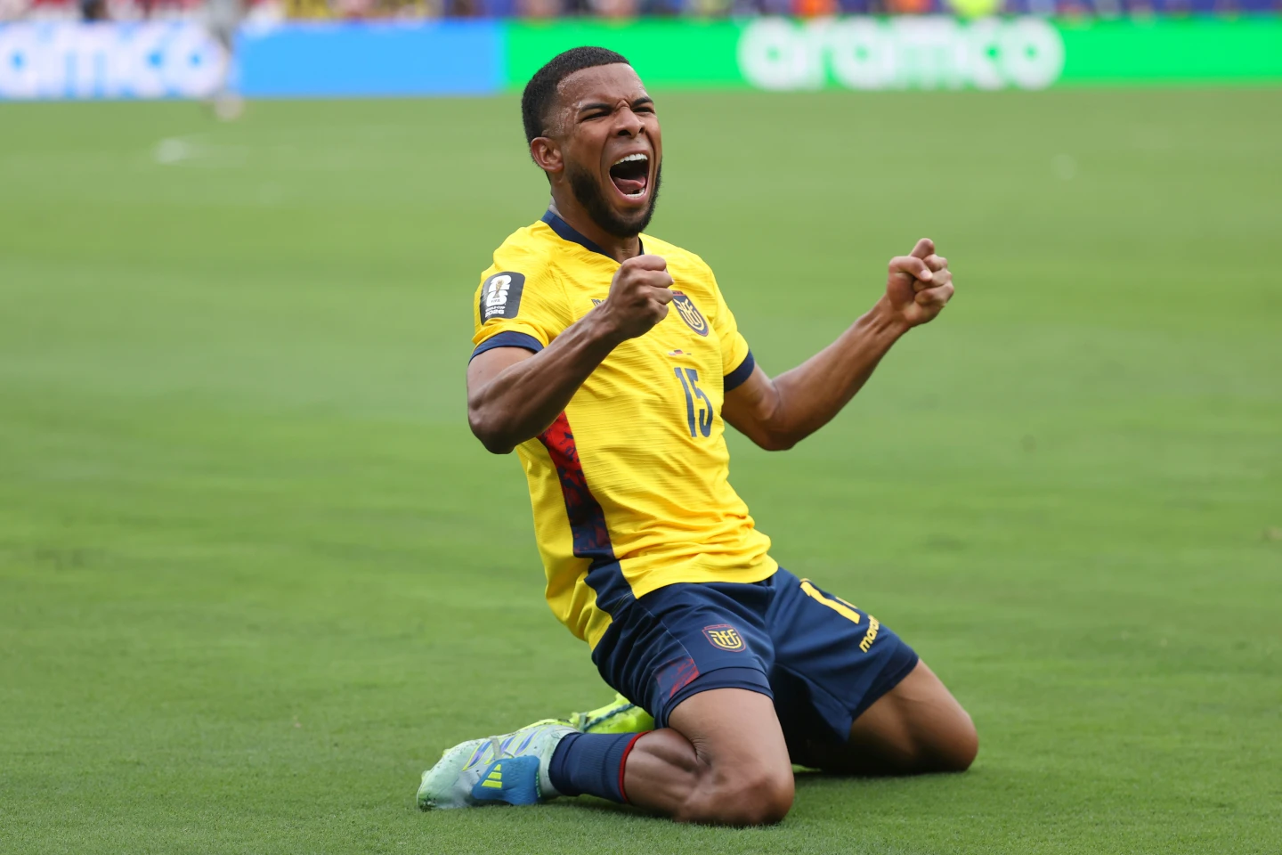 (Ecuador's Pedro Vite celebrates Ecuador's Gonzalo Plata scoring his side's second goal against Germany during the second half of a World Cup Group E soccer match in East Rutherford, N.J., near New York, Thursday, June 25, 2026.  AP Photo: Pamela Smith)
