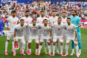 (Iran team pose for a group photo prior to the World Cup Group G soccer match between Belgium and Iran in Inglewood, Calif., near Los Angeles, Sunday, June 21, 2026. AP Photo: Andre Penner)
