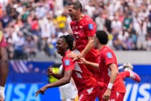 (Switzerland's Johan Manzambi, left, celebrates with teammates after scoring the opening goal against Bosnia during the World Cup Group B soccer match in Inglewood, Calif., near Los Angeles, Thursday, June 18, 2026. AP Photo: Mark J. Terrill)