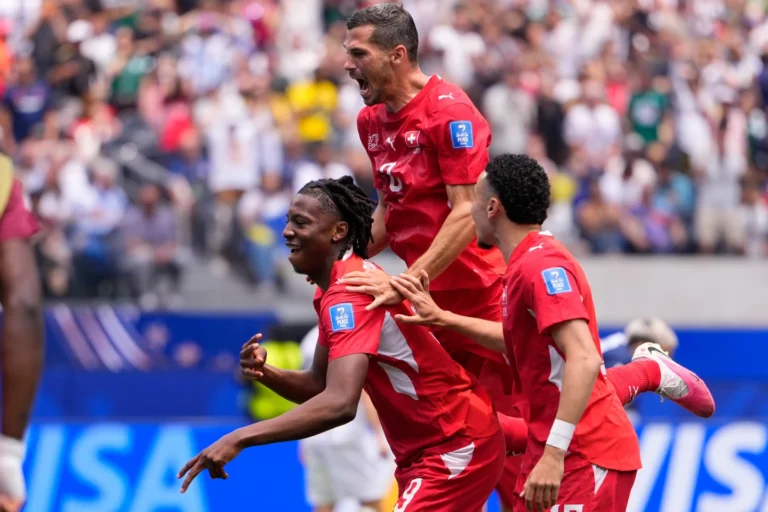 (Switzerland's Johan Manzambi, left, celebrates with teammates after scoring the opening goal against Bosnia during the World Cup Group B soccer match in Inglewood, Calif., near Los Angeles, Thursday, June 18, 2026. AP Photo: Mark J. Terrill)