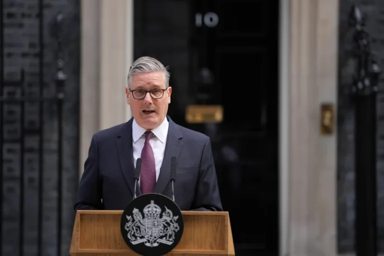 (Britain’s Prime Minister Keir Starmer announces his resignation to the media outside 10 Downing Street in London, Monday, June 22, 2026.  AP Photo: Kin Cheung)