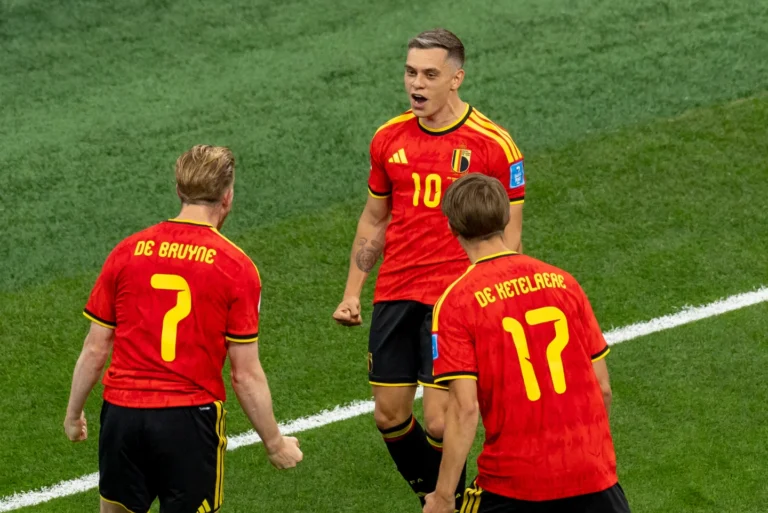 (Belgium’s Leandro Trossard (10) celebrates his goal against New Zealand with teammates Kevin De Bruyne (7) and Charles De Ketelaere (17) during the first half of a World Cup Group G soccer match, in Vancouver, British... (Photo: Timothy Matwey The Canadian Press)
