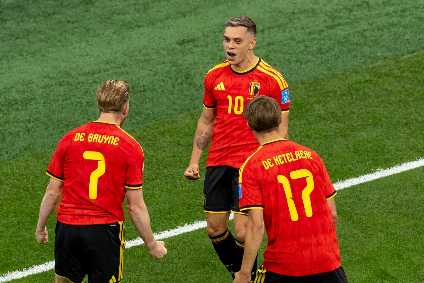 (Belgium’s Leandro Trossard (10) celebrates his goal against New Zealand with teammates Kevin De Bruyne (7) and Charles De Ketelaere (17) during the first half of a World Cup Group G soccer match, in Vancouver, British... (Photo: Timothy Matwey The Canadian Press)