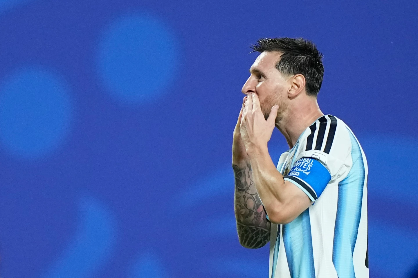 (Argentina's Lionel Messi reacts after scoring his third goal during the World Cup Group J soccer match between Argentina and Algeria in Kansas City, Mo., Tuesday, June 16, 2026. AP Photo: Charlie Riedel)