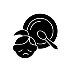 Child hunger black glyph icon. Population poverty leads to child hunger. Food insecurity and starvation. Risk of kid health problems. Silhouette symbol on white space. Vector isolated illustration