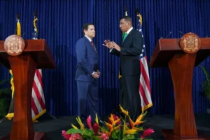 (U.S. Secretary of State Marco Rubio, left, and Jamaica's Prime Minister Andrew Holness speak after giving a joint news conference at the office of the prime minister in Kingston, Jamaica, March 26, 2025. Nathan Howard Pool Photo via AP, File)