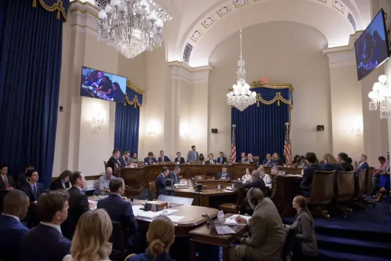 (Homeland Security Secretary Markwayne Mullin, lower left, testifies on the budget request for the Department of Homeland Security on June 3, 2026. AP Photo: Cliff Owen)