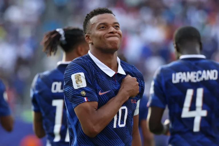 (France's Kylian Mbappe (10) celebrates scoring their third goal during the World Cup round of 32 soccer match between France and Sweden in East Rutherford, N.J., near New York, Tuesday, June 30, 2026. AP Photo: Pamela Smith)