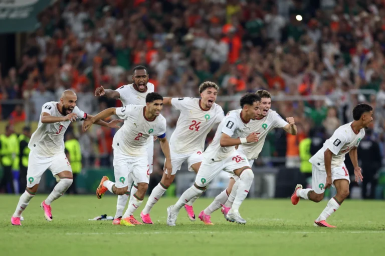 (The Moroccan team starts to celebrate after winning on penalty kicks the World Cup round of 32 soccer match between the Netherlands and Morocco in Guadalupe, near Monterrey, Mexico, Monday, June 29, 2026.  AP Photo: Sofia Yaker)
