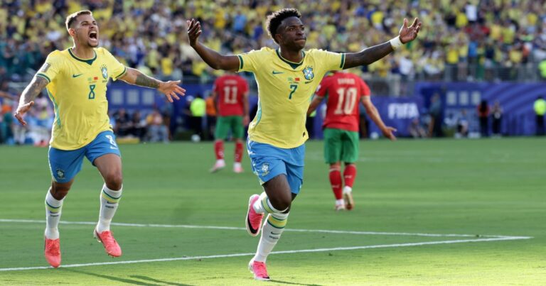 (Brazil's Vinicius Junior celebrates a goal in the first half during the World Cup Group C football match between Brazil and Morocco in East Rutherford, New Jersey, near New York, June 13, 2026. AP Photo)