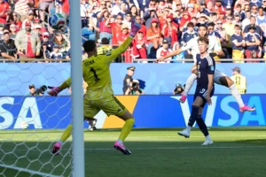 (Morocco’s Ismael Saibari, top right, scores his side’s opening goal during the World Cup Group C soccer match between Scotland and Morocco in Foxborough, Mass., near Boston, Friday, June 19, 2026.  AP Photo: Martin Meissner)