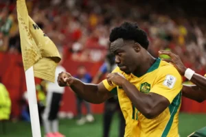 Australia’s Nestory Irankunda (17) celebrates scoring the first goal against Turkey during the World Cup Group D soccer match, in Vancouver, British Columbia, Saturday, June 13, 2026. AP Photo: Kaleb Tatum)