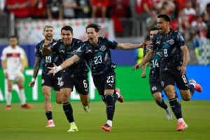 (Paraguay’s Matias Galarza (23) celebrates with Junior Alonso (6) and Diego Gomez (8) after scoring their opening goal during the World Cup Group D soccer match between Turkey and Paraguay in Santa Clara, Calif., near San Francisco, Friday, June 19, 2026.  AP Photo: Eakin Howard)