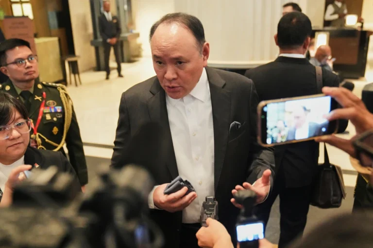 (Philippine’s Defense Secretary Gilberto Teodoro talks to the media as he attends the Shangri-La Dialogue, Asia’s annual defense and security forum, in Singapore on May 29, 2026.  AP Photo: Achmad Ibrahim, File)