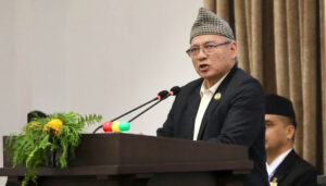(CPN (UML) parliamentary party leader Ram Bahadur Thapa 'clouded' while expressing his views at a meeting of the House of Representatives. Photo: RSS)