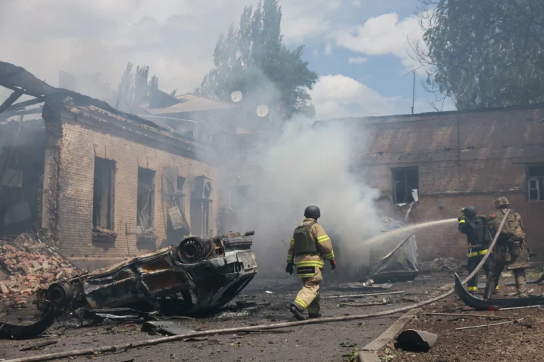 (Rescue workers put out a fire at a building destroyed after a Russian strike on Zaporizhzhia, Ukraine, on Friday, June 26, 2026. AP Photo: Evgeniy Maloletka)