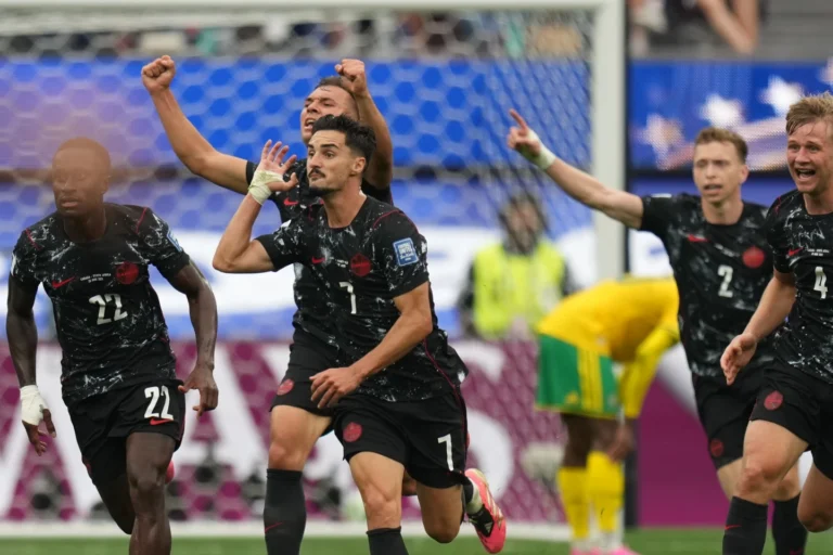 (Canada’s Stephen Eustaquio (7) celebrates scoring their opening goal against South Africa during the World Cup round of 32 soccer match in Inglewood, Calif., near Los Angeles, Sunday, June 28, 2026. AP Photo: Andre Penner)