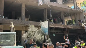 (People gather at the site of an Israeli airstrike that struck an apartment in Dahiyeh, Beirut’s southern suburbs, Lebanon, Sunday, June 14, 2026. (AP Photo: Bilal Hussein)