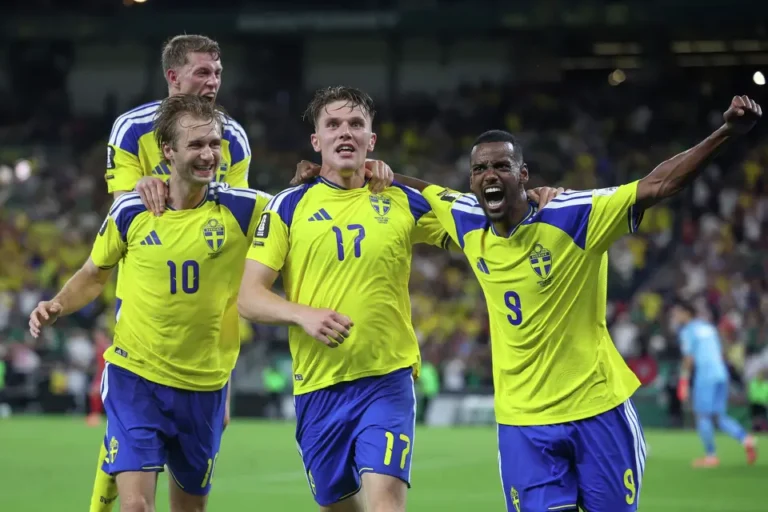 (Sweden's Alexander Bernhardsson, Sweden's Benjamin Nygren (10) and Sweden's Alexander Isak (9) celebrate with Sweden's Viktor Gyokeres (17) after he scored to put Sweden up, 3-1, during the World Cup Group F soccer match between Sweden and Tunisia in Guadalupe, near Monterrey, Mexico, Sunday, June 14, 2026. AP Photo: Sofia Yaker)