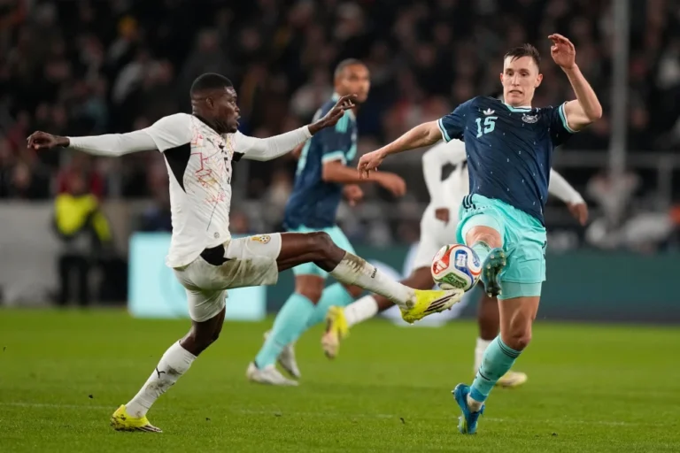 (Thomas Partey of Ghana and Nico Schlotterbeck of Germany challenge for the ball during an international friendly soccer match between Germany and Ghana in Stuttgart, Germany, March 30, 2026.  AP File Photo: Matthias Schrader)