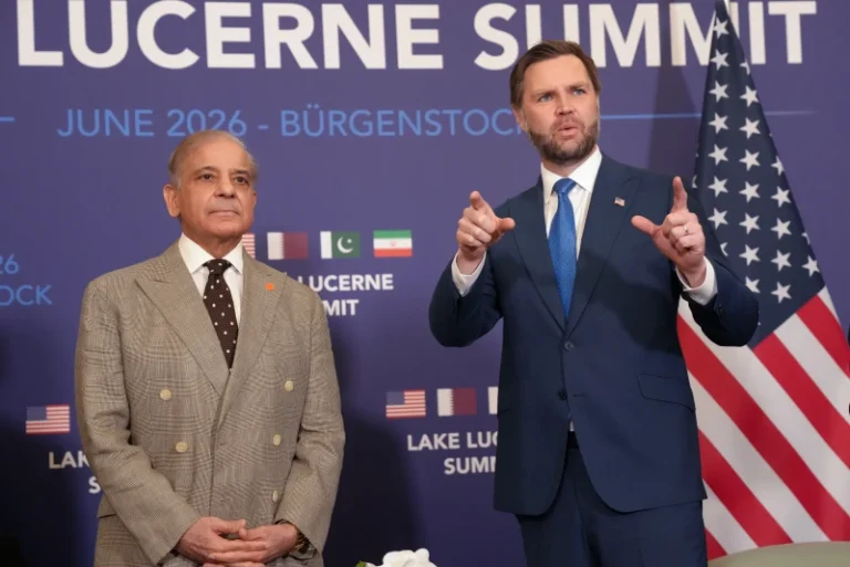 (U.S. Vice President JD Vance, right, meets with Pakistan’s Prime Minister Shehbaz Sharif, during high-level talks aimed at advancing a deal to end the Middle East conflict, at the Bürgenstock Resort in Obbuergen, near Lucerne, in Switzerland, Sunday, June 21, 2026.  Nathan Howard-Pool Photo via AP)