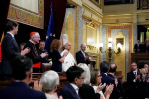 (Pope Leo XIV meets with members of the Spanish Parliament at the Congress of Deputies, in Madrid, Monday, June 8, 2026.  AP Photo: Alessandra Tarantino)