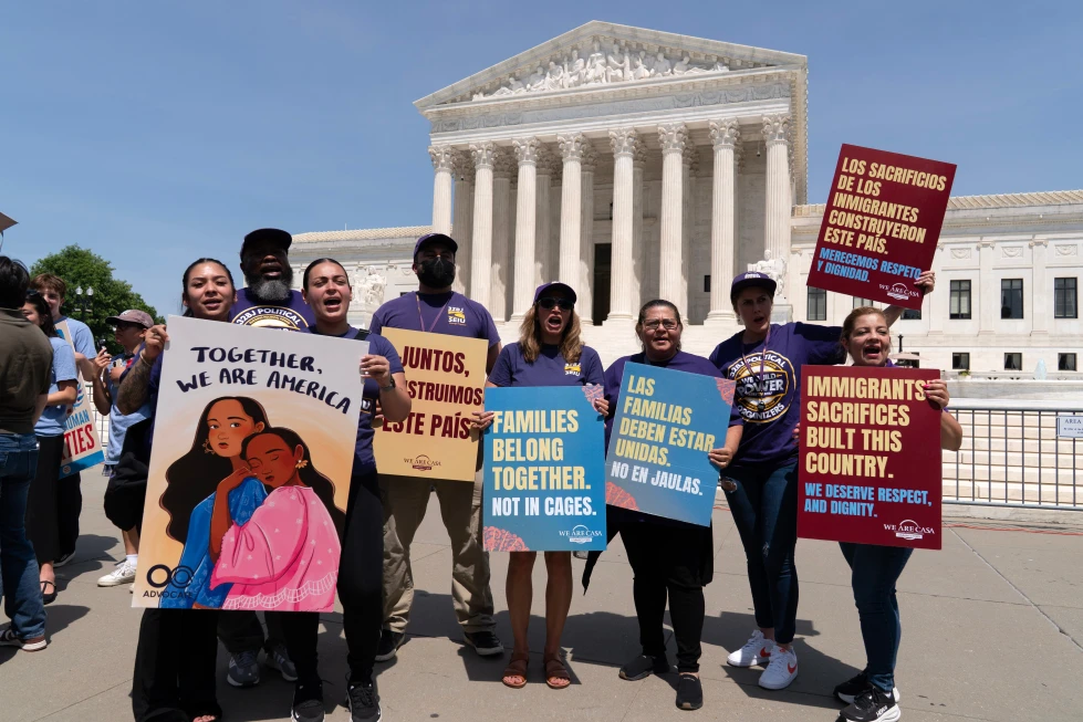 (Activists celebrate the Supreme Court’s birthright citizenship ruling outside of the Supreme Court on Capitol Hill, Tuesday, June 30, 2026, in Washington.  AP Photo: Jose Luis Magana)