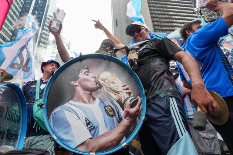 (Argentina fans gather for a rally on the eve of the World Cup final soccer match in New York’s Times Square, Saturday, July 18, 2026. AP Photo: Frank Franklin II)