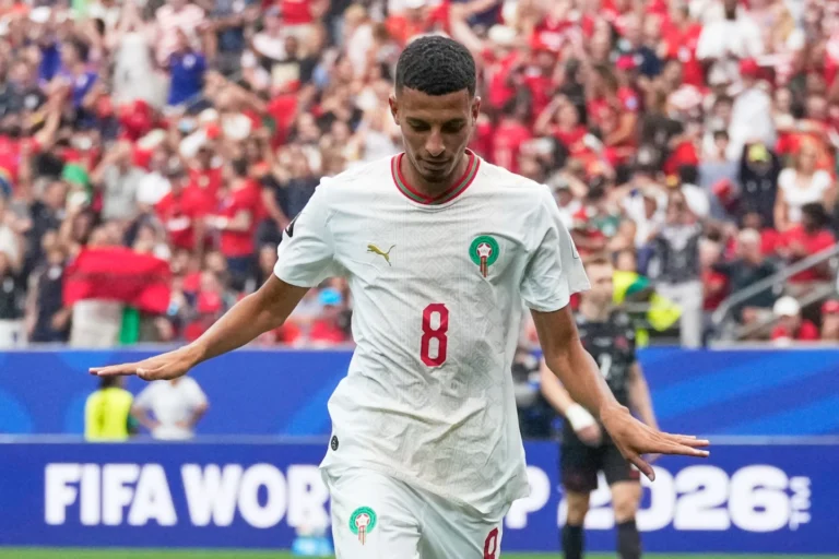 (Morocco’s Azzedine Ounahi celebrates after scoring his side’s second goal against Canada during the World Cup round of 16 soccer match in Houston, Saturday, July 4, 2026.  AP Photo: David J. Phillip)