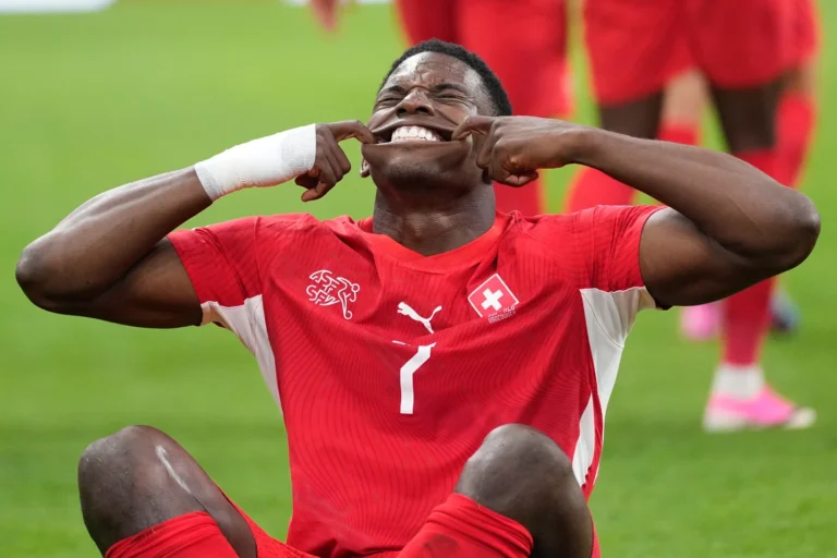 (Switzerland’s Breel Embolo (7) celebrates after scoring his team’s first goal during the World Cup round of 32 soccer match between Switzerland and Algeria in Vancouver, British Columbia, Thursday, July 2, 2026.  AP Photo: Lindsey Wasson)