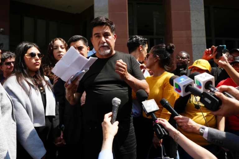 (David Huerta, the president of the Service Employees International Union California who was arrested during an immigration raid, speaks after he was released on a bond in downtown Los Angeles on June 9, 2025.  AP File Photo: Damian Dovarganes)