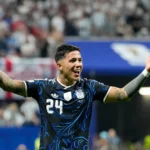 (Argentina’s Enzo Fernandez celebrates after scoring his side’s first goal during the World Cup semifinal soccer match between England and Argentina in Atlanta, Wednesday, July 15, 2026.  AP Photo: Rebecca Blackwell)