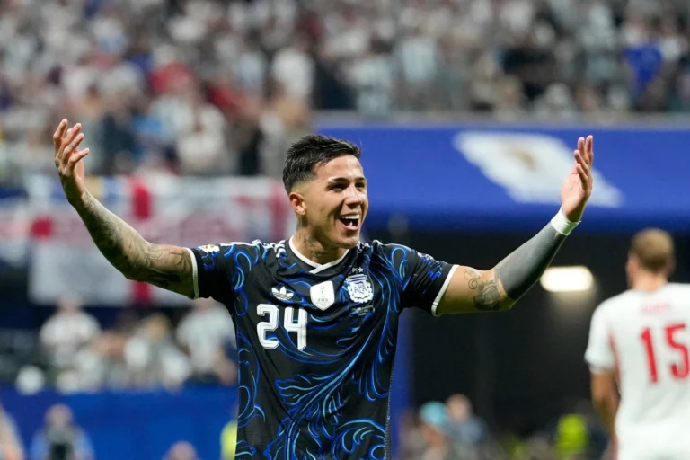 (Argentina’s Enzo Fernandez celebrates after scoring his side’s first goal during the World Cup semifinal soccer match between England and Argentina in Atlanta, Wednesday, July 15, 2026.  AP Photo: Rebecca Blackwell)